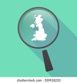 Illustration of a long shadow magnifier vector icon with  a map of the UK 