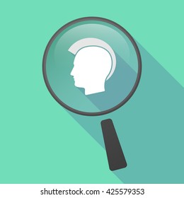 Illustration of a long shadow magnifier vector icon with  a male punk head silhouette