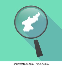 Illustration of a long shadow magnifier vector icon with  the map of North Korea