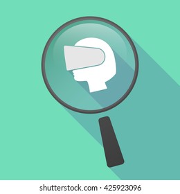 Illustration of a long shadow magnifier vector icon with  a female head wearing a virtual reality headset