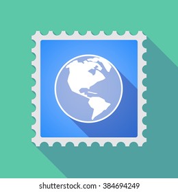 Illustration of a long shadow mail stamp icon with an America region world globe