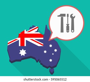 Illustration of a Long shadow map of Australia, its flag and a comic balloon with a tool set