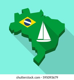 Illustration of a Long shadow map of Brazil, its flag and a ship