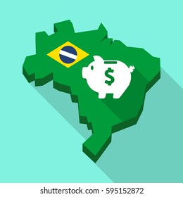 Illustration of a Long shadow map of Brazil, its flag and a piggy bank