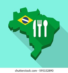 Illustration of a Long shadow map of Brazil, its flag and cutlery