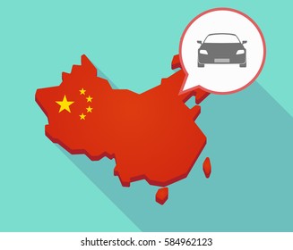 Illustration of a long shadow map of China, its flag and a comic balloon with a car