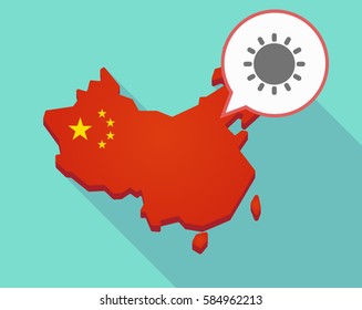 Illustration of a long shadow map of China, its flag and a comic balloon with a sun