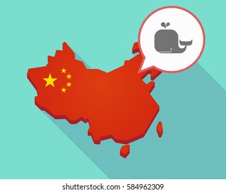 Illustration of a long shadow map of China, its flag and a comic balloon with a whale