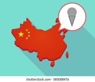 Illustration of a long shadow map of China, its flag and a comic balloon with a cone ice cream