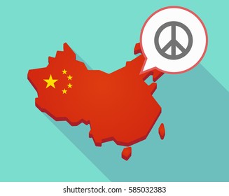 Illustration of a long shadow map of China, its flag and a comic balloon with a peace sign