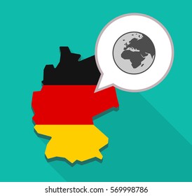 Illustration of a long shadow map of Germany, its flag and a comic balloon with   an Asia, Africa and Europe regions world globe