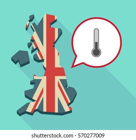 Illustration of a long shadow map of the United Kingdom, its flag and a comic balloon with  a thermometer icon