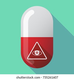Illustration of a long shadow medical pill with an all seeing eye