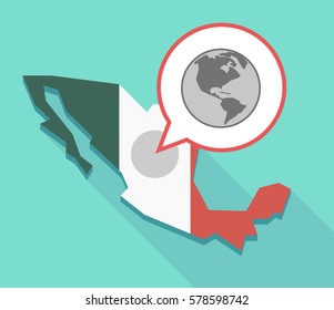 Illustration of a long shadow Mexico map, its flag and a balloon with an America region world globe