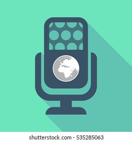 Illustration of a long shadow microphone sign with   an Asia, Africa and Europe regions world globe