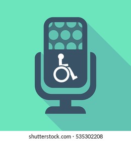 Illustration of a long shadow microphone sign with  a human figure in a wheelchair icon