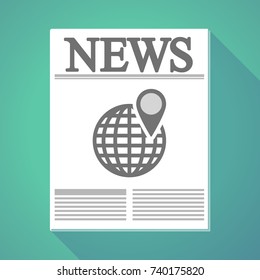 Illustration of a long shadow newspaper with a world globe