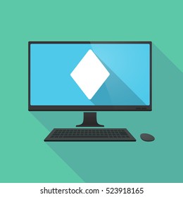 Illustration of a long shadow personal computer pc with  the  diamond  poker playing card sign