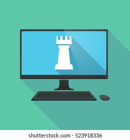 Illustration of a long shadow personal computer pc with a  rook   chess figure