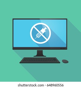 Illustration of a long shadow personal computer with  a syringe  in a not allowed signal 