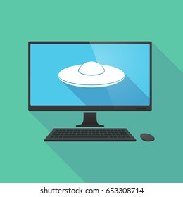 Illustration of a long shadow personal computer with  a flying saucer UFO
