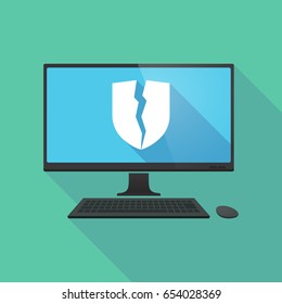 Illustration of a long shadow personal computer with  a broken shield