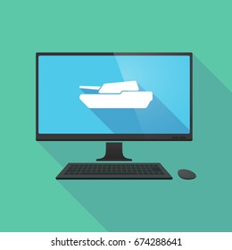 Illustration of a long shadow personal computer with  a combat tank