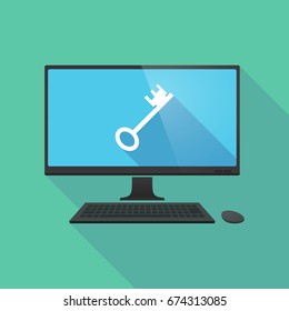 Illustration of a long shadow personal computer with  a vintage key