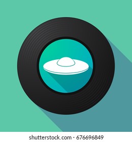 Illustration of a long shadow long play vinyl with  a flying saucer UFO