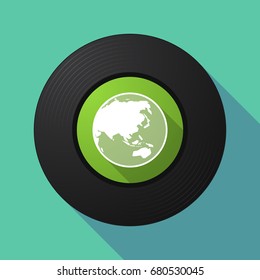 Illustration of a long shadow long play vinyl with  an Asia Pacific world globe map