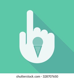 Illustration of a long shadow pointing finger hand with a cone ice cream