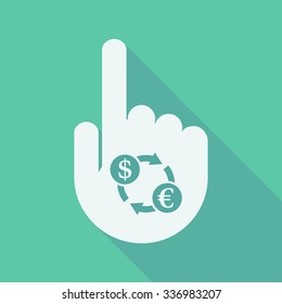 Illustration of a long shadow pointing finger hand with a dollar euro exchange sign