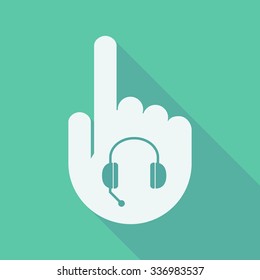 Illustration of a long shadow pointing finger hand with  a hands free phone device