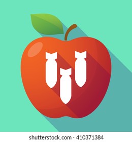 Illustration of a long shadow red apple with three bombs falling
