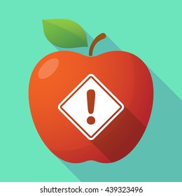 Illustration of a long shadow red apple icon with   a warning road sign