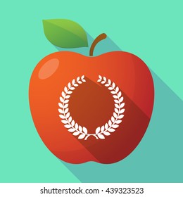 Illustration of a long shadow red apple icon with  a laurel crown sign