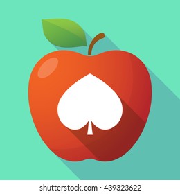 Illustration of a long shadow red apple icon with  the  spade  poker playing card sign