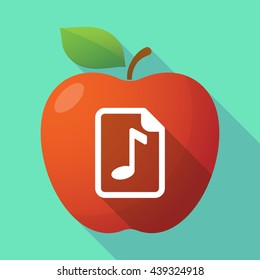 Illustration of a long shadow red apple icon with  a music score icon