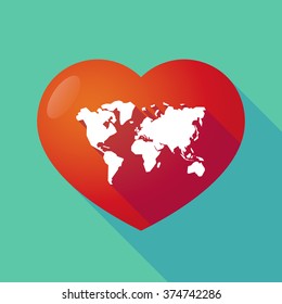 Illustration of a long shadow red heart with  a world map