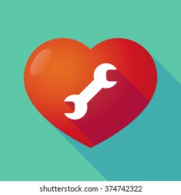Illustration of a long shadow red heart with  a wrench
