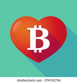 Illustration of a long shadow red heart with  a bit coin sign