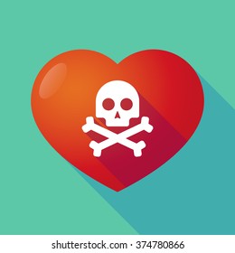 Illustration of a long shadow red heart with  a skull