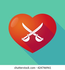 Illustration of a long shadow red heart with  two swords crossed