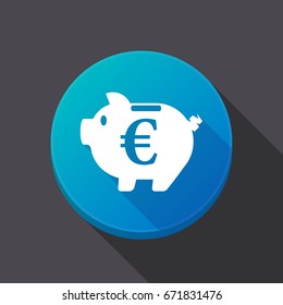 Illustration of a long shadow round web button with  an euro coin in a piggy bank moneybox