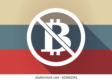 Illustration of a long shadow Russia flag with  a bitcoin sign  in a not allowed signal 
