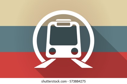 Illustration of a long shadow Russia map with  a subway train icon
