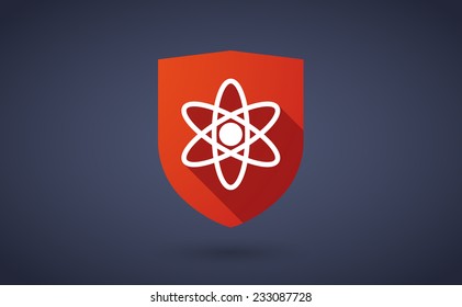 Illustration of a long shadow shield icon with an atom