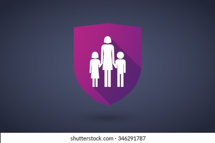 Illustration of a long shadow shield icon with a female single parent family pictogram