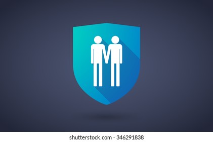 Illustration of a long shadow shield icon with a gay couple pictogram