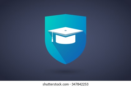 Illustration of a long shadow shield icon with a graduation cap
